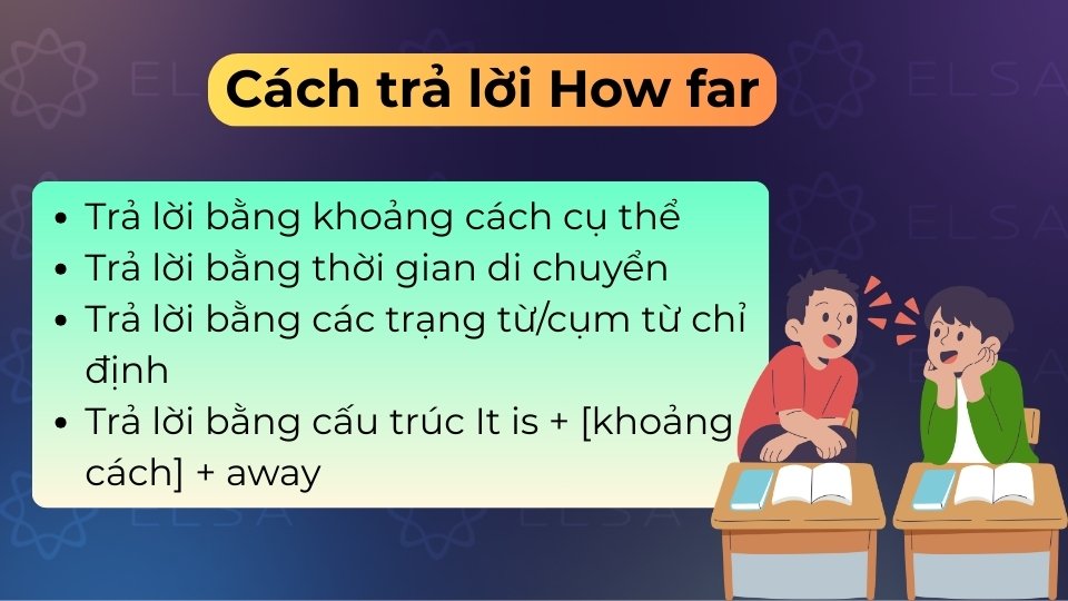 Cách trả lời How far thường có khoảng cách cụ thể, thời gian di chuyển, trạng từ, cụm từ chỉ định,... Cách trả lời How far thường có khoảng cách cụ thể, thời gian di chuyển, trạng từ, cụm từ chỉ định,...