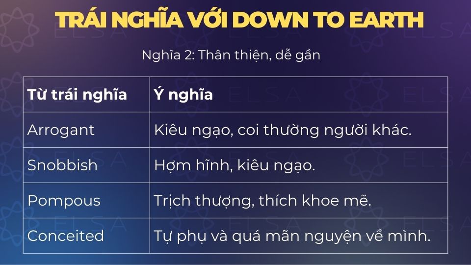 Từ trái nghĩa với down to earth mang nghĩa thân thiện