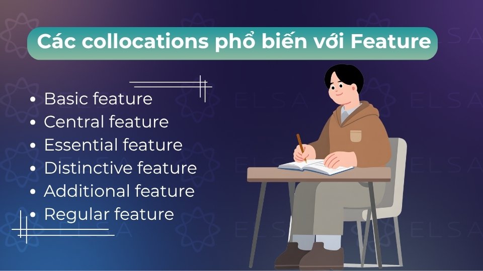 Các cụm phổ biến như basic feature, central feature, essential features, distinctive feature,...