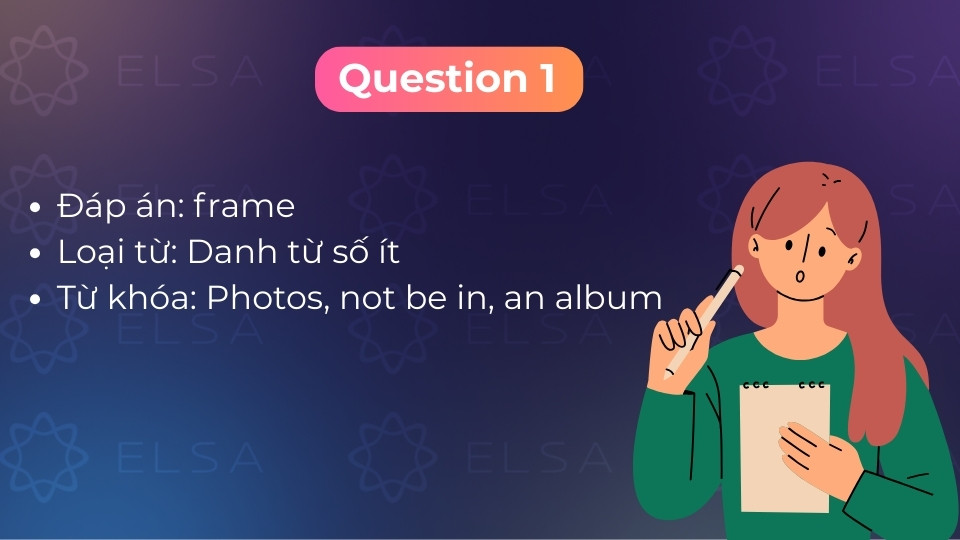 Đáp án câu 1 là frame, chỉ vật dụng mà bức ảnh không được đặt vào khi gửi đi