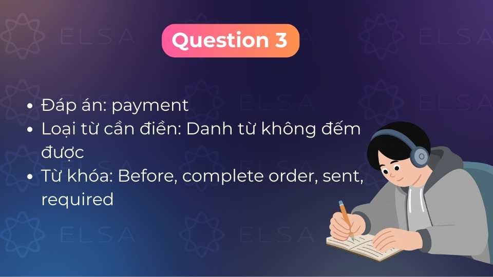 Đáp án là payment, yêu cầu thanh toán trước khi đơn hàng copying photos to digital format đi