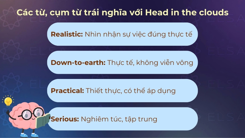 Một vài từ trái nghĩa với head in the clouds