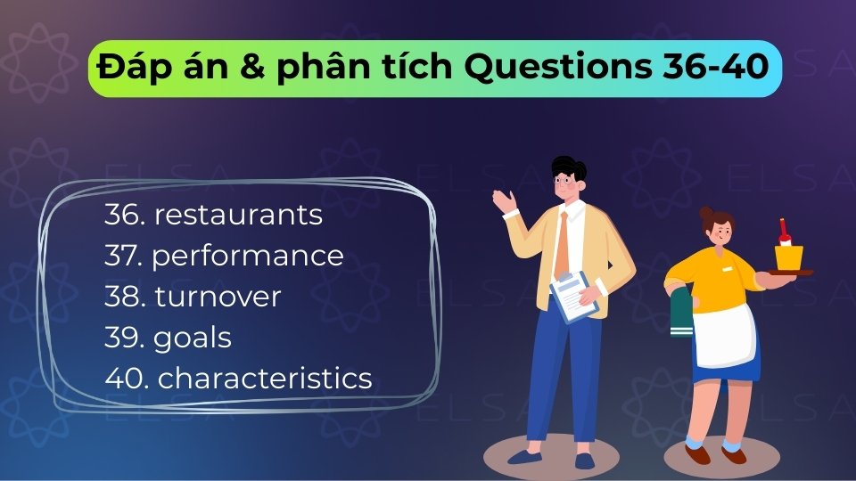 Đáp án 36-40 là restaurants, performance, turnover, goals và characteristics Đáp án 36-40 là restaurants, performance, turnover, goals và characteristics