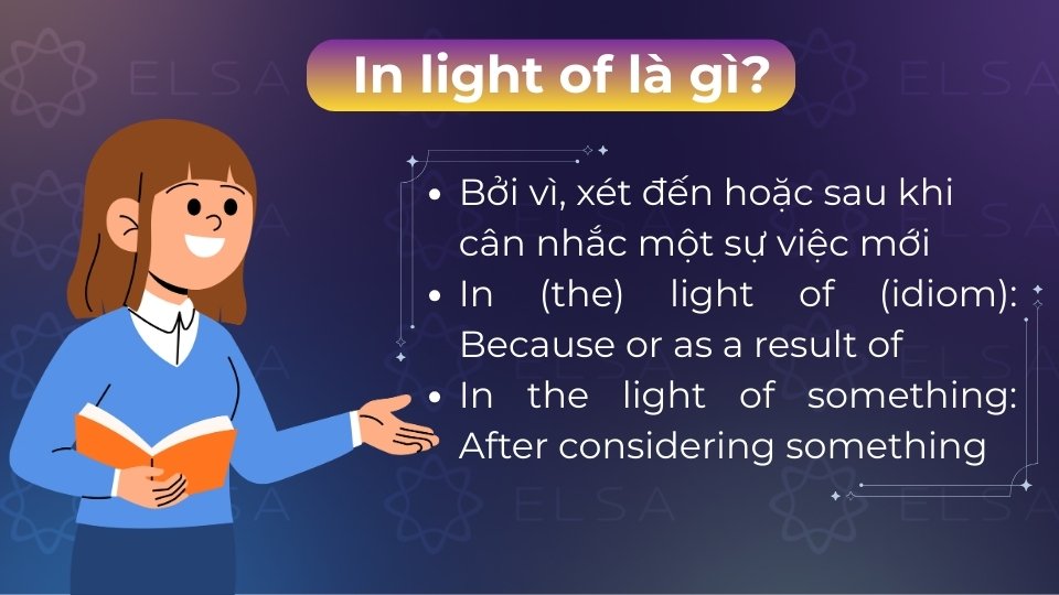 In light of (hay In the light of) là bởi vì, xét đến hoặc sau khi cân nhắc một sự việc mới In light of (hay In the light of) là bởi vì, xét đến hoặc sau khi cân nhắc một sự việc mới