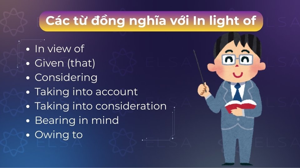 Các từ đồng nghĩa với In light of gồm có Given, In view of, Considering, Taking into account, Owing to Các từ đồng nghĩa với In light of gồm có Given, In view of, Considering, Taking into account, Owing to
