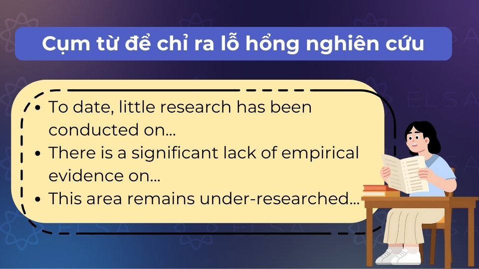 Dùng các cụm như To date, little research has been conducted on hoặc This area remains… Dùng các cụm như To date, little research has been conducted on hoặc This area remains…