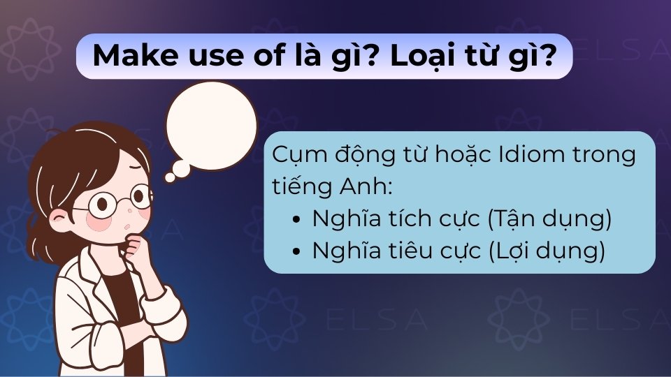 Make use of là cụm động từ (phrasal verb) nghĩa là tận dụng hoặc lợi dụng điều gì đó Make use of là cụm động từ (phrasal verb) nghĩa là tận dụng hoặc lợi dụng điều gì đó