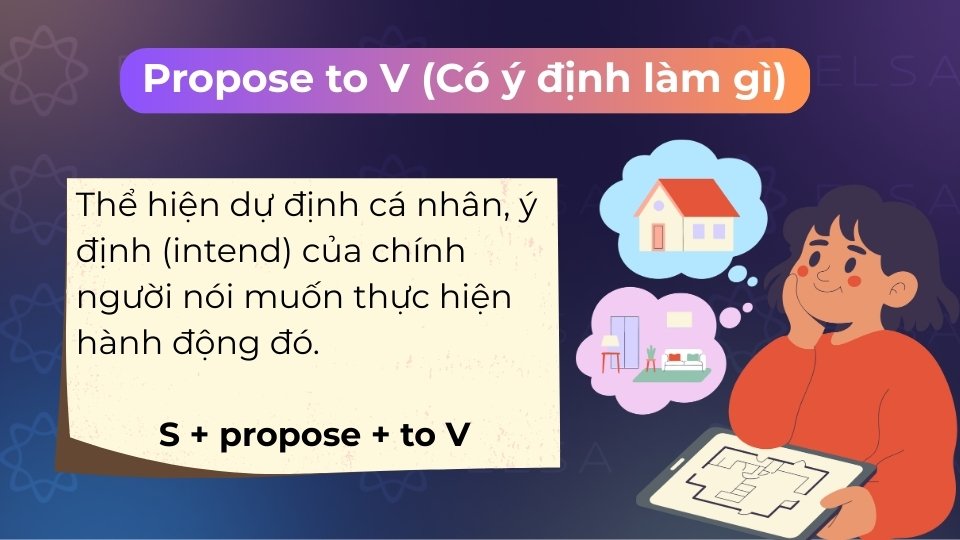 Cấu trúc Propose + to V diễn tả ý định, dự định cá nhân muốn thực hiện một hành động