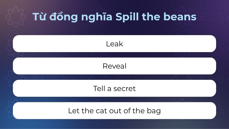 Cụm từ/từ đồng nghĩa của spill the beans sẽ giúp bạn cải thiện vốn từ khi giao tiếp Cụm từ/từ đồng nghĩa của spill the beans sẽ giúp bạn cải thiện vốn từ khi giao tiếp