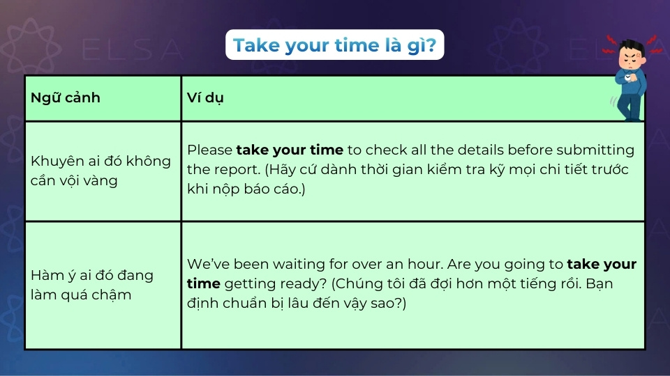 Take your time được hiểu là khuyên ai đó không cần vội hoặc có hàm ý ai đó đang làm quá chậm Take your time được hiểu là khuyên ai đó không cần vội hoặc có hàm ý ai đó đang làm quá chậm