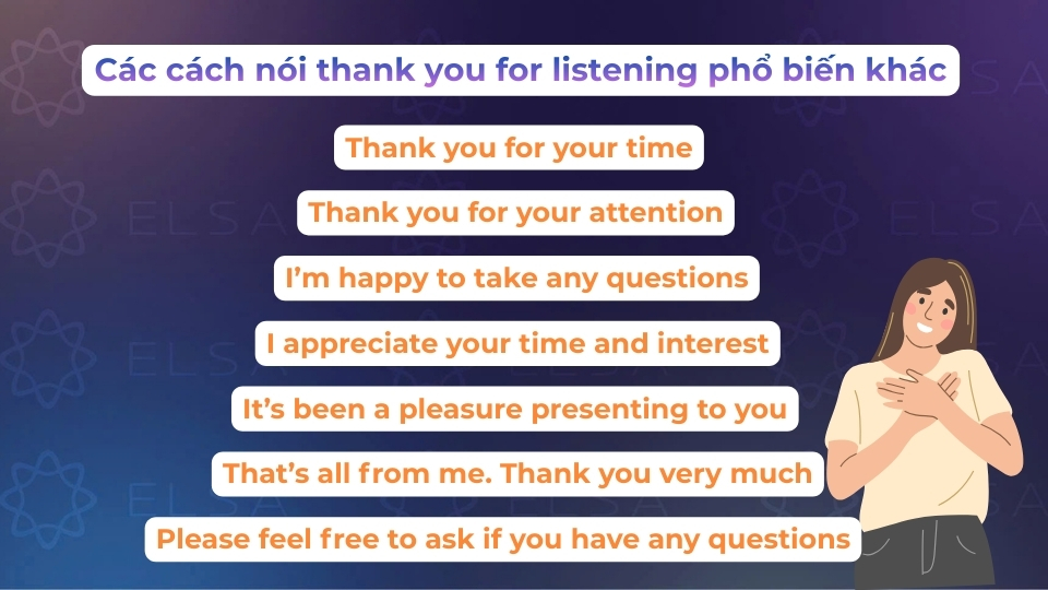 Một vài cách nói khác của thank you for listening