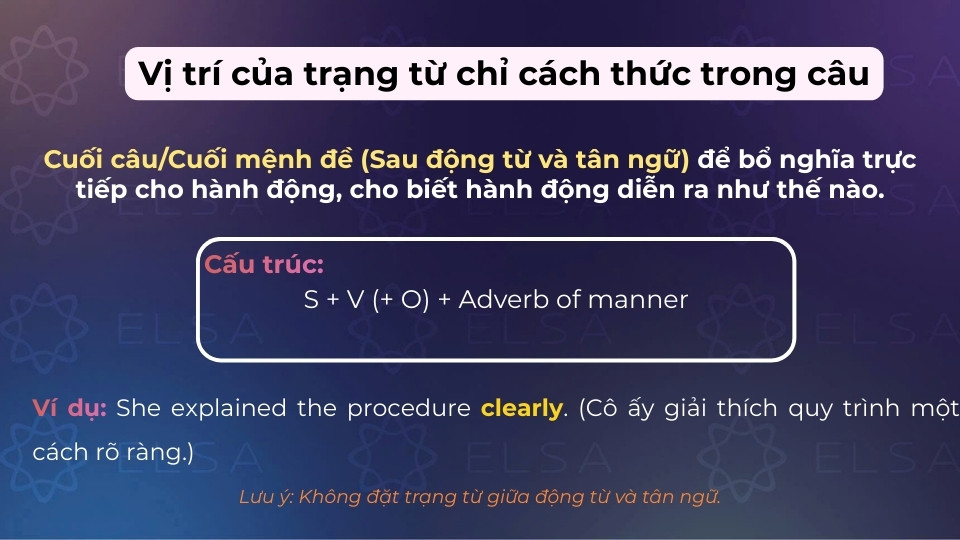 Cấu trúc câu khi trạng từ chỉ cách thức đứng sau động từ chính hoặc tân ngữ Cấu trúc câu khi trạng từ chỉ cách thức đứng sau động từ chính hoặc tân ngữ