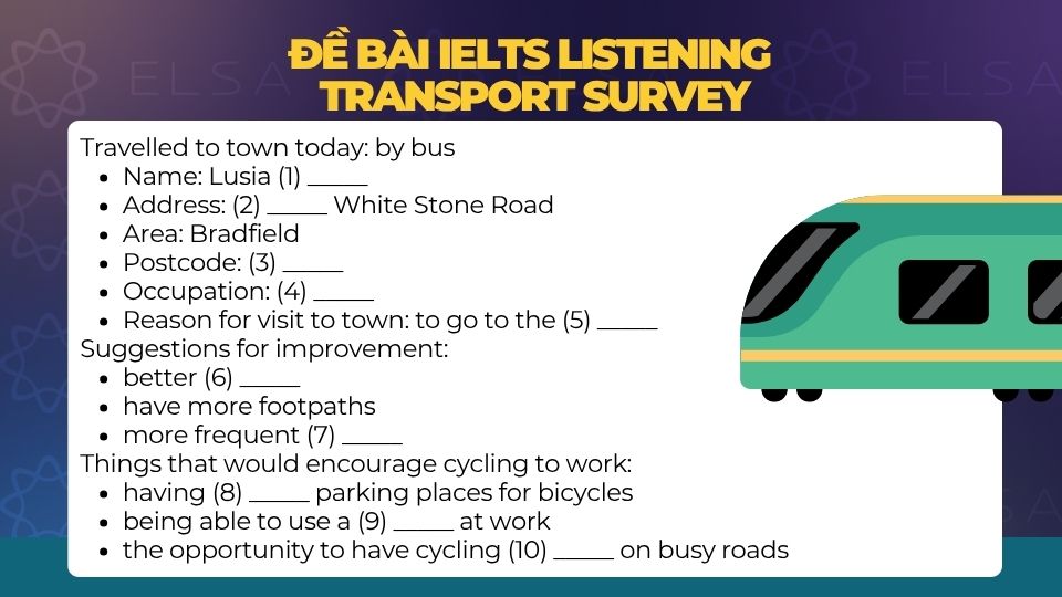 Đề bài IELTS Listening Transport survey