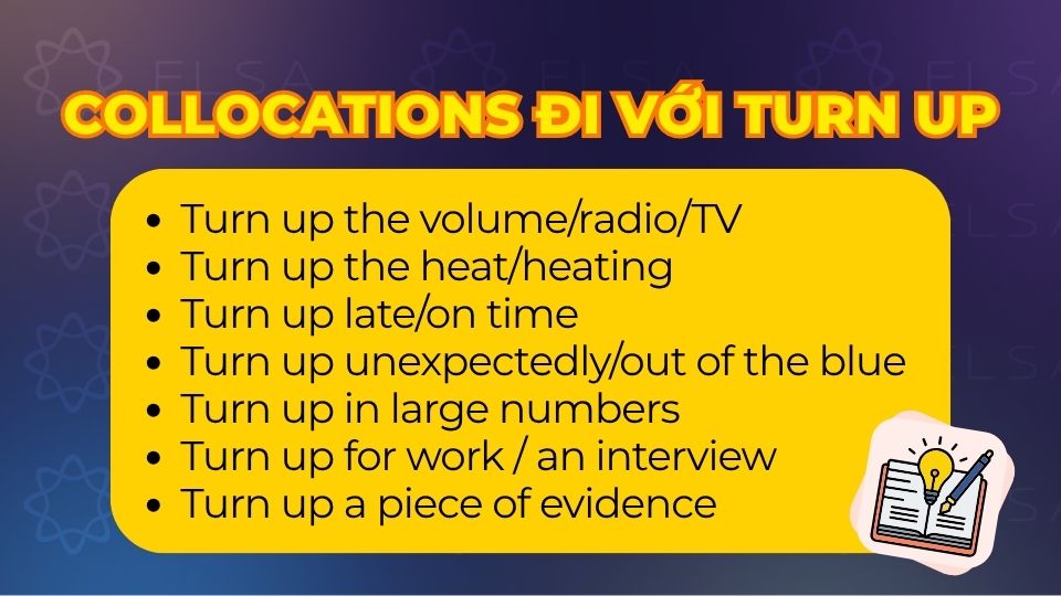 Các từ/cụm từ thường đi với Turn up