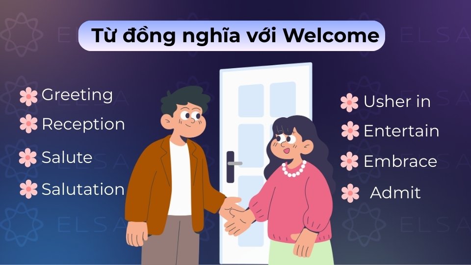 Các từ đồng nghĩa phổ biến của Welcome bao gồm Greet, Receive, Accept, Embrace,... Các từ đồng nghĩa phổ biến của Welcome bao gồm Greet, Receive, Accept, Embrace,...