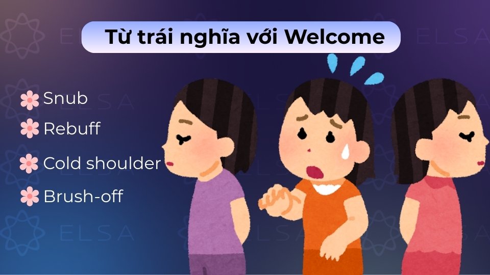 Từ trái nghĩa của Welcome bao gồm Snub, Rebuff, Cold shoulder và Brush-off Từ trái nghĩa của Welcome bao gồm Snub, Rebuff, Cold shoulder và Brush-off