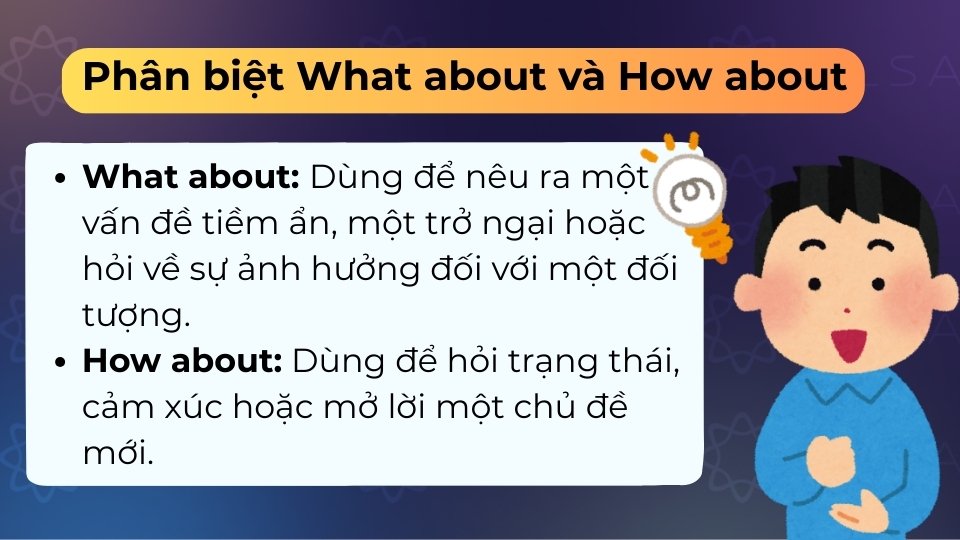 What about nhấn mạnh vào trở ngại hoặc đối tượng bị ảnh hưởng, còn How about để hỏi thăm
