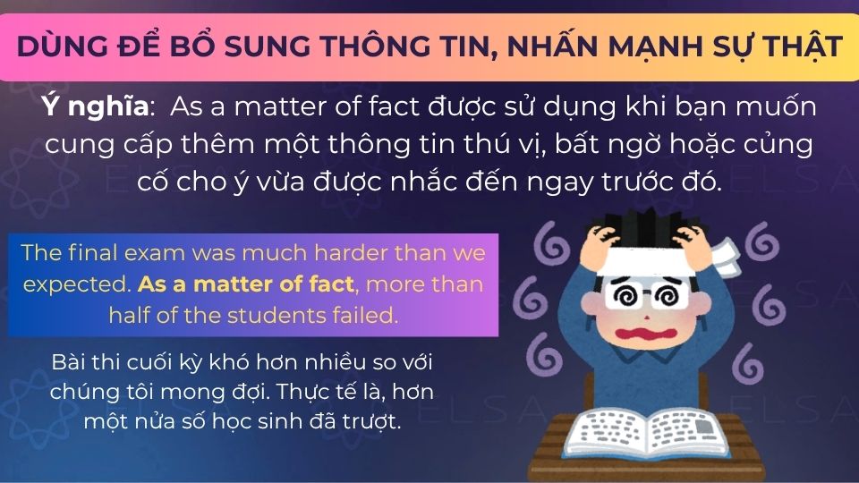 As a matter of fact dùng để bổ sung thông tin, nhấn mạnh sự thật