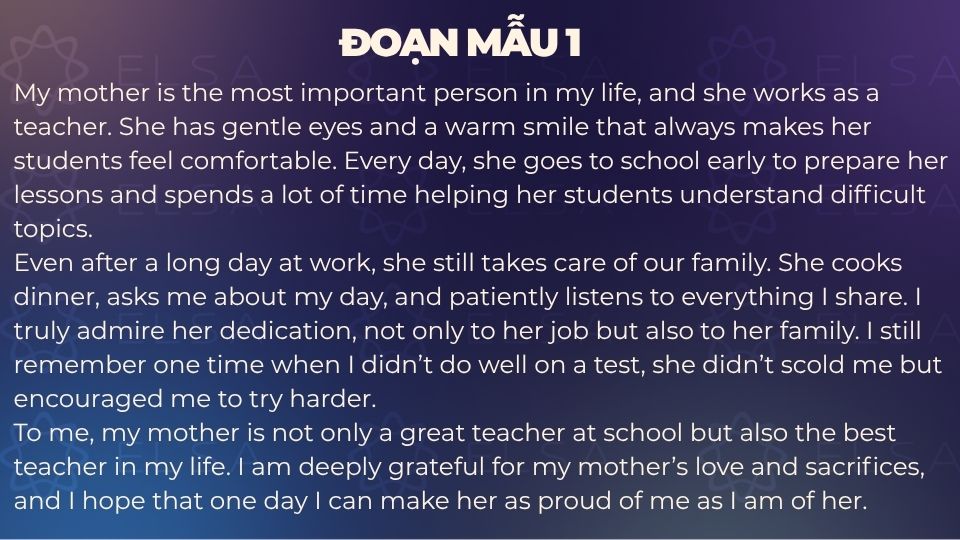 Đoạn văn viết về mẹ bằng tiếng Anh ngắn gọn - Mẫu 1