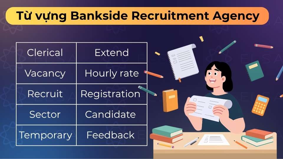 Từ vựng hay trong Bankside Recruitment Agency như Clerical, Vacancy, Recruit, Sector, Recruit,... Từ vựng hay trong Bankside Recruitment Agency như Clerical, Vacancy, Recruit, Sector, Recruit,...