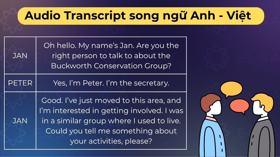 Bản dịch song ngữ Anh - Việt chi tiết bài nghe Cam 17 Test 1 giúp bạn học từ vựng dễ dàng