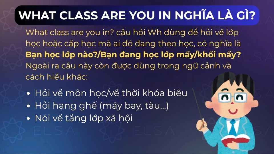 What class are you in? thường dùng để hỏi về lớp học hoặc cấp học