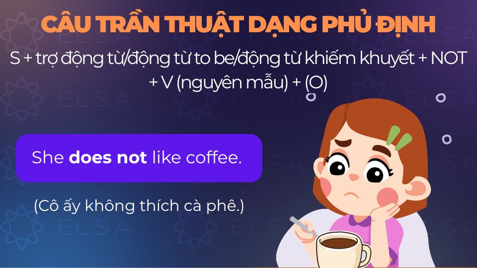 Câu ví dụ cấu trúc chung của câu trần thuật dạng phủ định