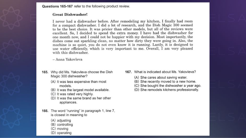 Ví dụ dạng câu hỏi về từ đồng nghĩa (Nguồn: ETS TOEIC Reading 2024) Ví dụ dạng câu hỏi về từ đồng nghĩa (Nguồn: ETS TOEIC Reading 2024)