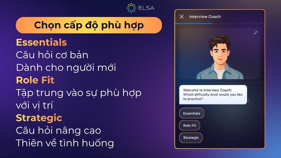 Phân cấp để Interview Coach giúp bạn luyện tập theo lộ trình rõ ràng và không bị quá tải