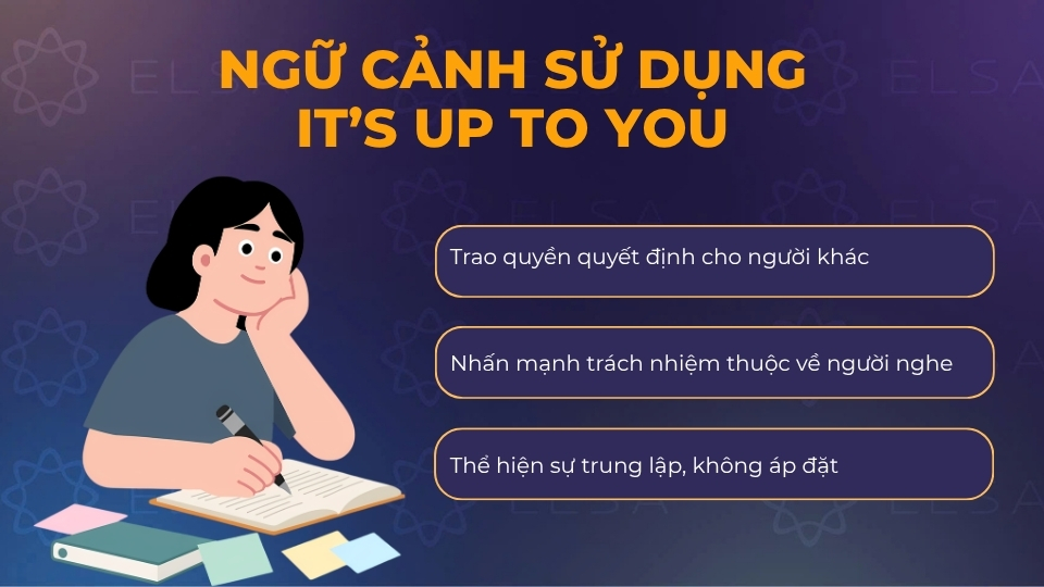 Các ngữ cảnh sử dụng của it's up to you Các ngữ cảnh sử dụng của it's up to you
