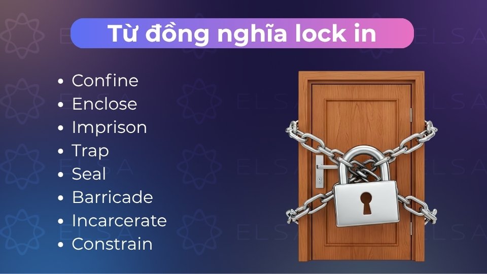 Từ đồng nghĩa của lock in là confine, enclose, imprison, trap,... Từ đồng nghĩa của lock in là confine, enclose, imprison, trap,...