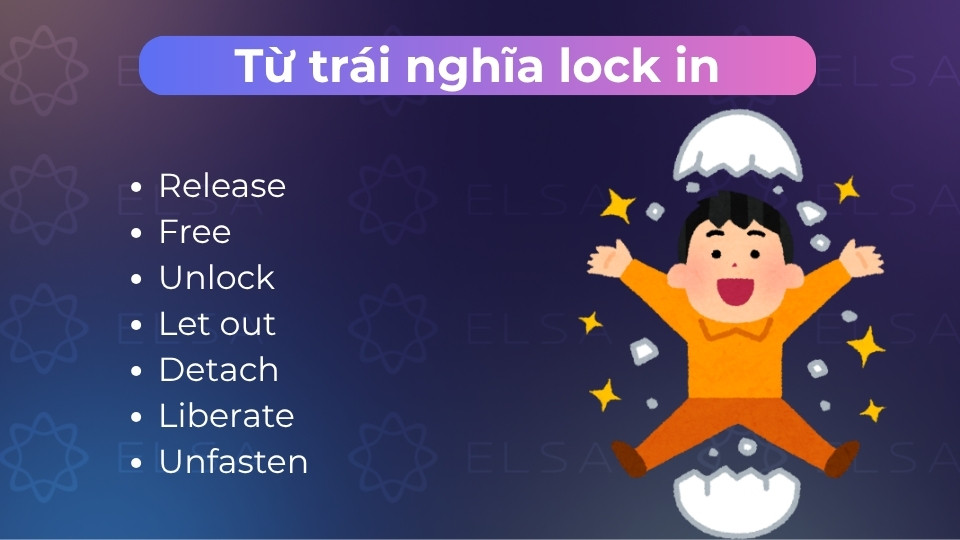 Từ trái nghĩa của lock in là release, unlock, free, let out,... Từ trái nghĩa của lock in là release, unlock, free, let out,...