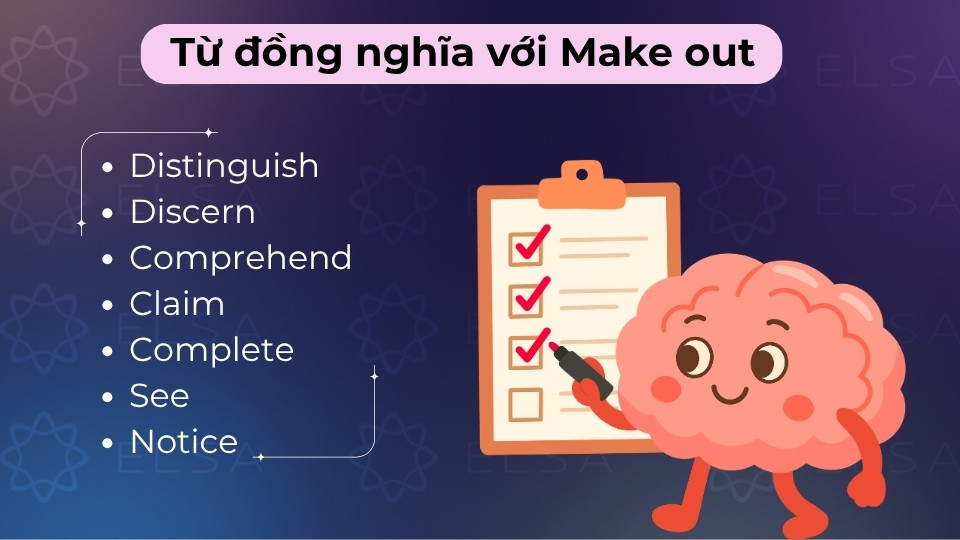 Các từ đồng nghĩa phổ biến của Make out gồm discern, distinguish, perceive, see, spot
