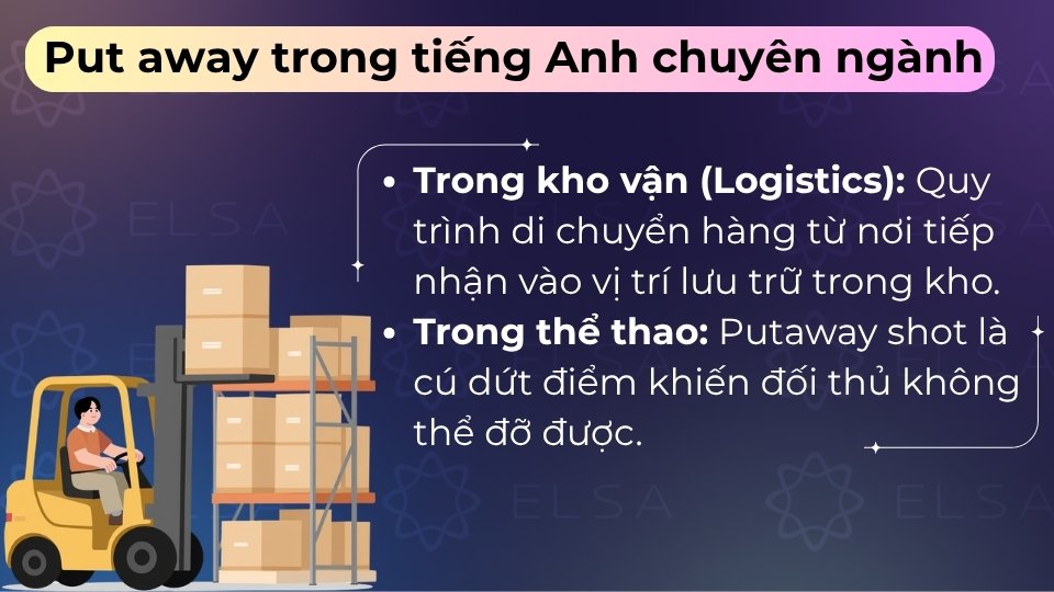 Put away là quy trình xếp hàng vào kho hoặc cú dứt điểm trong thể thao