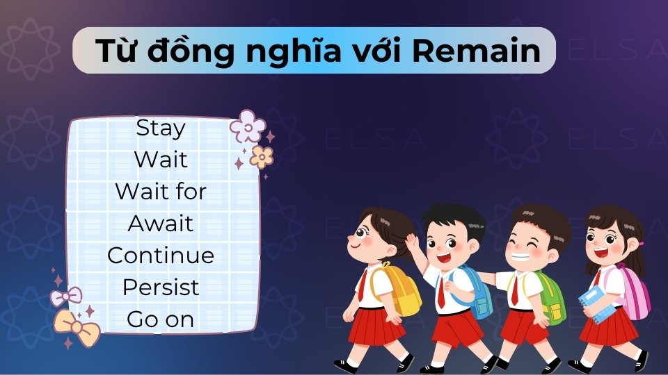 Từ đồng nghĩa với Remain gồm có Stay, Continue, Persist (vẫn còn) hoặc Last (kéo dài)