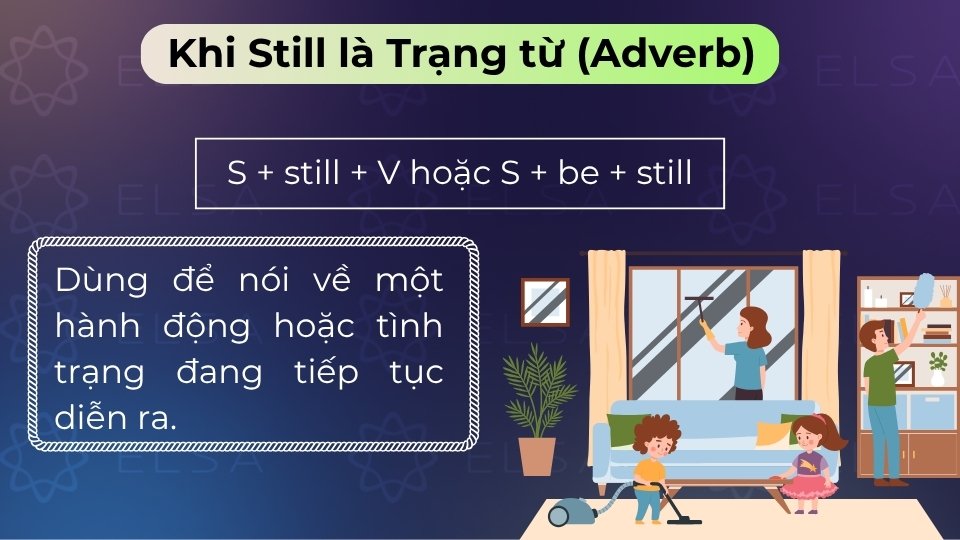 Still là trạng từ diễn tả một hành động/trạng thái đang tiếp diễn, chưa thay đổi