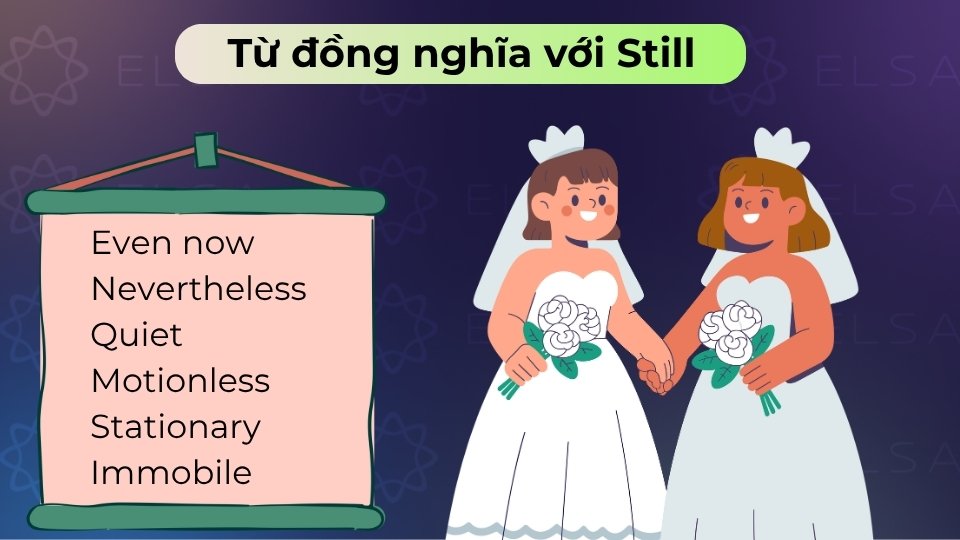 Các từ đồng nghĩa phổ biến của Still bao gồm: Even now, Nevertheless, Quiet và Motionless