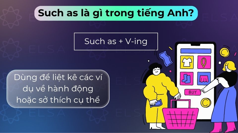 Cấu trúc Such as + V-ing dùng để liệt kê các ví dụ về hành động hoặc sở thích cụ thể