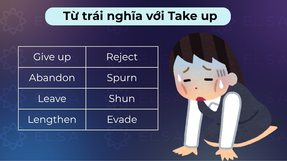 Trái nghĩa với Take up là Give up, Abandon, Lengthen hoặc Leave