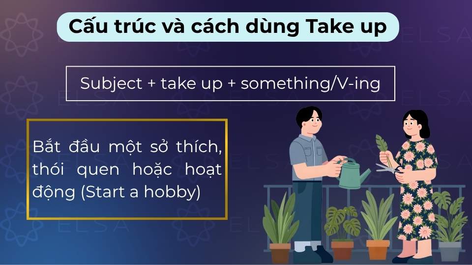 Take up mang nghĩa bắt đầu một sở thích, thói quen hoặc hoạt động mới một cách thường xuyên