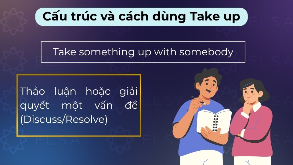 Take up dùng khi bạn đề cập một vấn đề với ai đó để cùng thảo luận và tìm hướng giải quyết