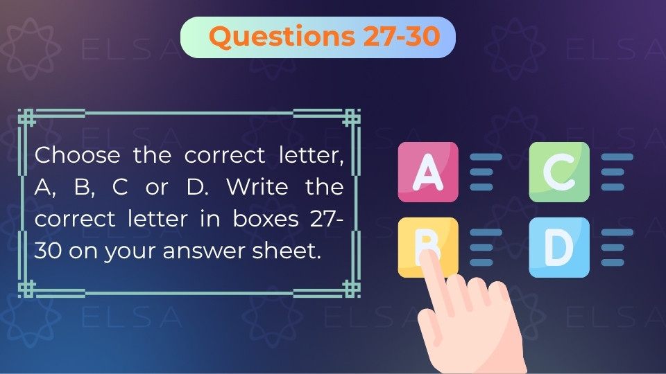 Questions 27-30 tập trung vào trắc nghiệm, yêu cầu kỹ năng tìm từ đồng nghĩa và hiểu ý chính của đoạn