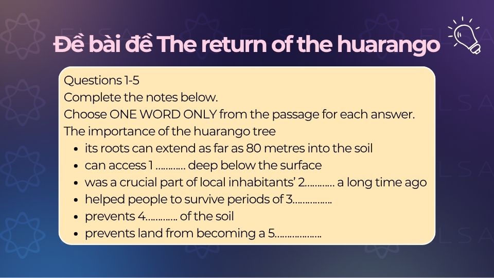 Đề bài Questions 1-5: The return of the huarango