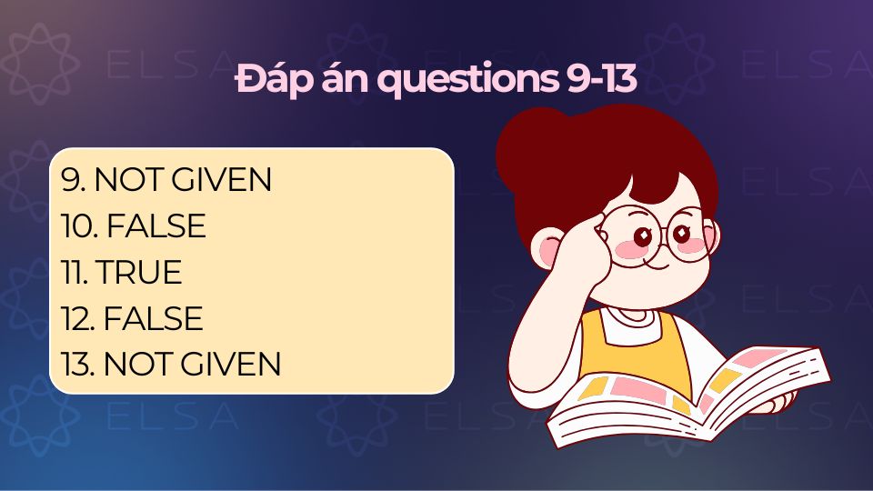 Đáp án Questions 9-13 (True/False/Not Given)