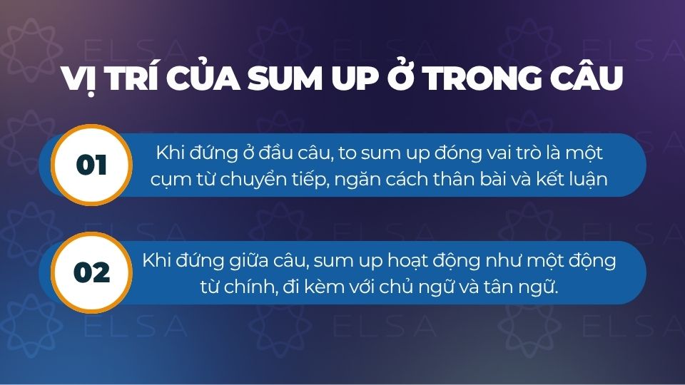 Vị trí của sum up ở trong câu có thể đứng đầu câu hoặc giữa câu