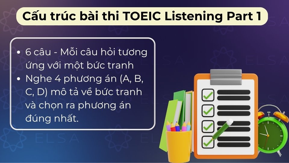 Cấu trúc gồm 6 câu hỏi tương ứng 6 tranh, thí sinh nghe 4 phương án chọn đáp án đúng nhất