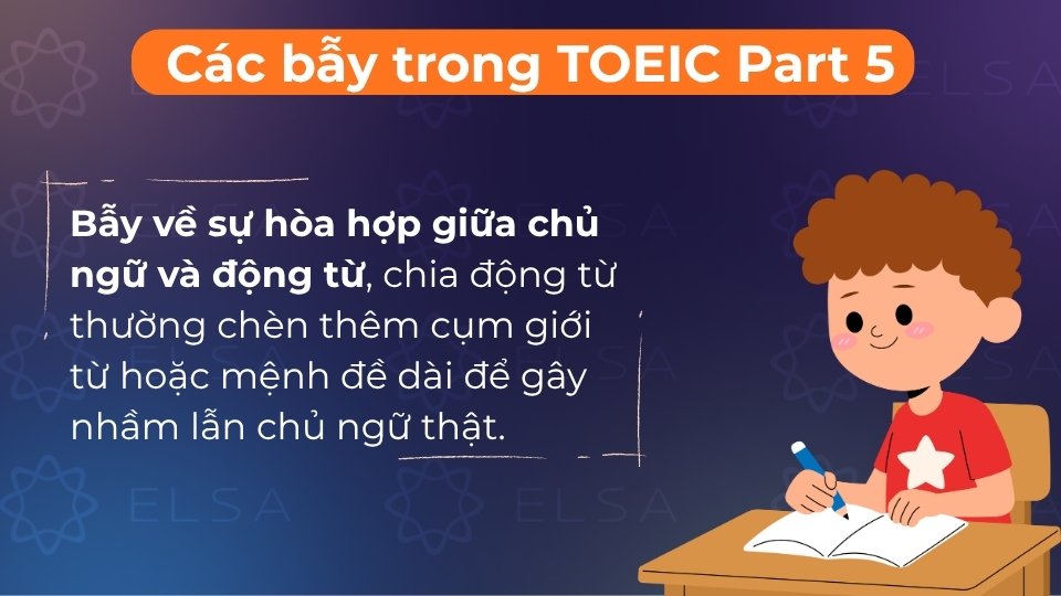 Bẫy này chèn cụm từ dài vào giữa để khiến bạn chia động từ sai theo danh từ đứng gần nhất