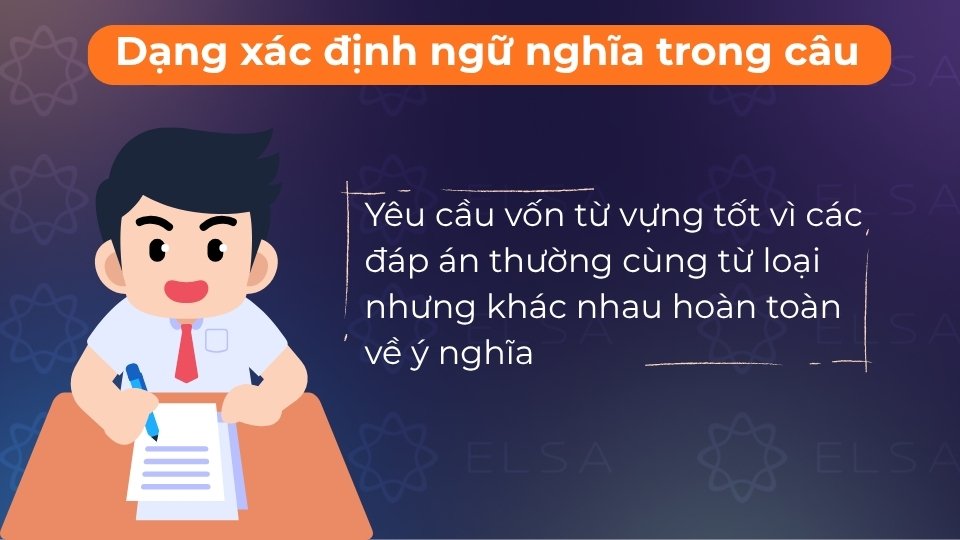 Đây là dạng bài chọn từ đúng nghĩa dựa trên ngữ cảnh câu, thường có cùng từ loại