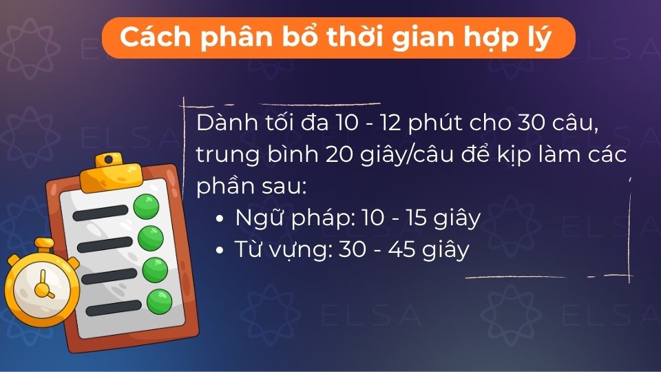 Dành tối đa 10-12 phút cho 30 câu, trung bình 20 giây mỗi câu để kịp làm các phần sau