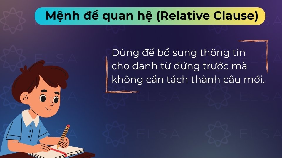 Mệnh đề quan hệ giúp bổ sung thông tin cho danh từ đứng trước mà không cần tách câu mới Mệnh đề quan hệ giúp bổ sung thông tin cho danh từ đứng trước mà không cần tách câu mới